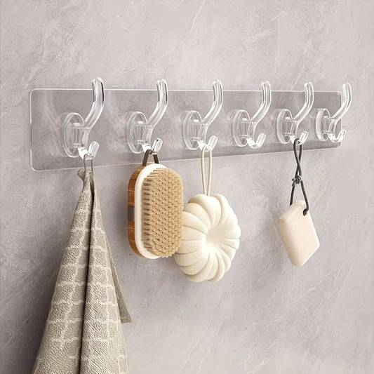 Self Adhesive Transparent 6 Hook Patti for Hanging Cloths – Durable Transparent Wall Mount Hooks – No Nail Needed Easy to Install Bathroom Kitchen Door Wall Hangers