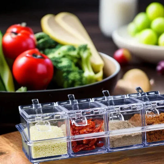 4PCS Crystal Clear Seasoning Box Acrylic Spice Rack Storage Container Condiment Jars with Cover and Spoon
