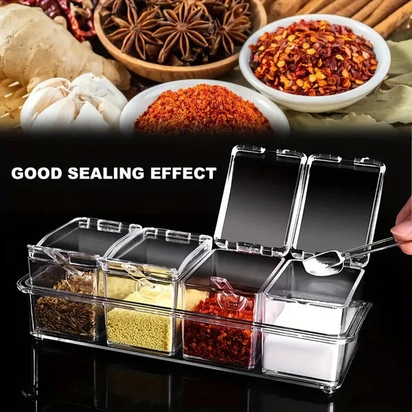 4PCS Crystal Clear Seasoning Box Acrylic Spice Rack Storage Container Condiment Jars with Cover and Spoon