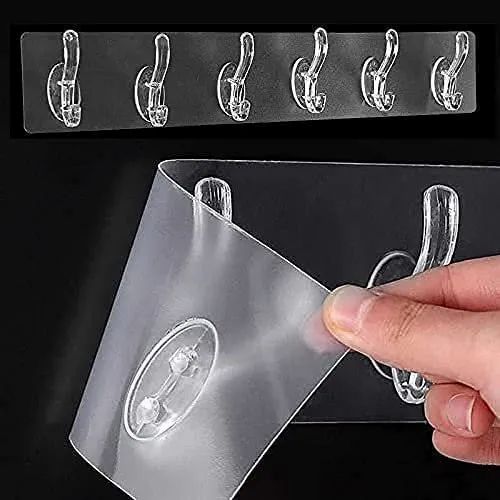 Self Adhesive Transparent 6 Hook Patti for Hanging Cloths – Durable Transparent Wall Mount Hooks – No Nail Needed Easy to Install Bathroom Kitchen Door Wall Hangers