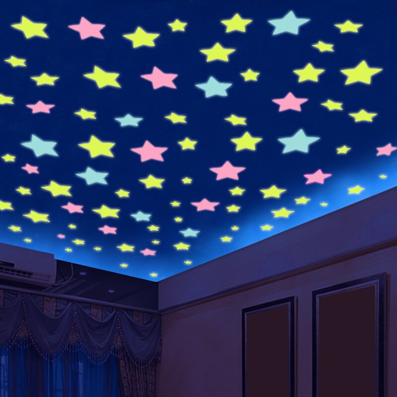 Pack of 100 - 3D Stars Glow In The Dark Wall Stickers Luminous Fluorescent Wall Stickers For Kids Baby Room Bedroom Ceiling Home