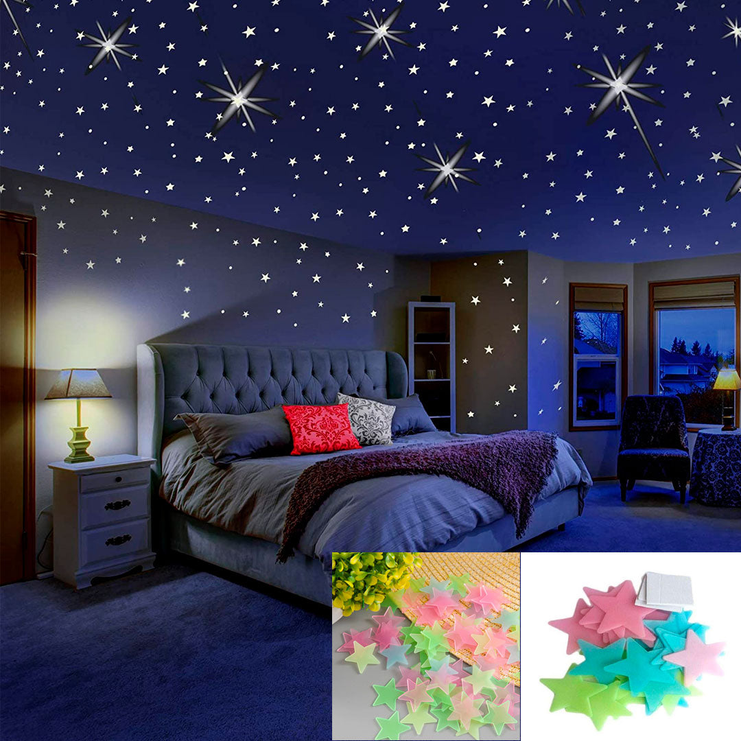 Pack of 100 - 3D Stars Glow In The Dark Wall Stickers Luminous Fluorescent Wall Stickers For Kids Baby Room Bedroom Ceiling Home