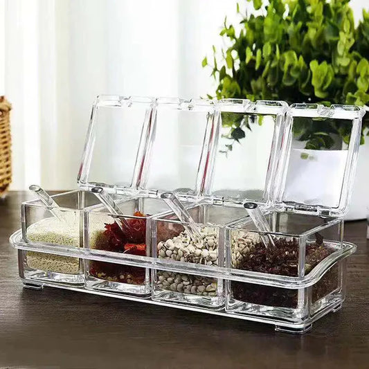 4PCS Crystal Clear Seasoning Box Acrylic Spice Rack Storage Container Condiment Jars with Cover and Spoon