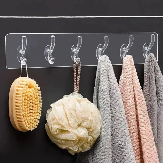 Self Adhesive Transparent 6 Hook Patti for Hanging Cloths – Durable Transparent Wall Mount Hooks – No Nail Needed Easy to Install Bathroom Kitchen Door Wall Hangers