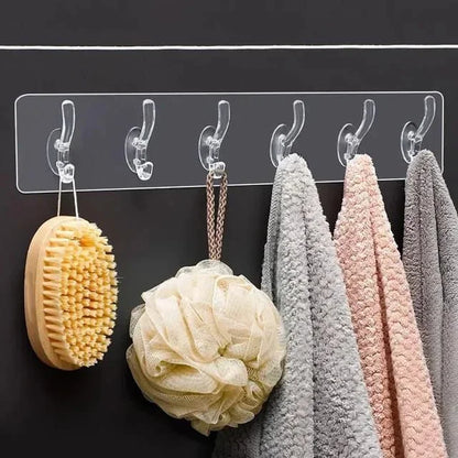 Self Adhesive Transparent 6 Hook Patti for Hanging Cloths – Durable Transparent Wall Mount Hooks – No Nail Needed Easy to Install Bathroom Kitchen Door Wall Hangers