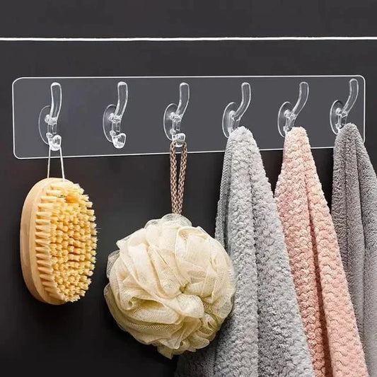 Self Adhesive Transparent 6 Hook Patti for Hanging Cloths – Durable Transparent Wall Mount Hooks – No Nail Needed Easy to Install Bathroom Kitchen Door Wall Hangers