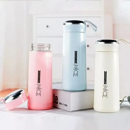 Nice 400ml Glass Water Bottle – Durable Glass Inner Liner with Silicone Plastic Shell | Leak Proof & BPA Free | Portable & Reusable Water Bottle for School, College, Gym & Travel (Pack of 1 – Random Color)