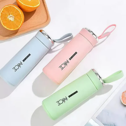 Nice 400ml Glass Water Bottle – Durable Glass Inner Liner with Silicone Plastic Shell | Leak Proof & BPA Free | Portable & Reusable Water Bottle for School, College, Gym & Travel (Pack of 1 – Random Color)