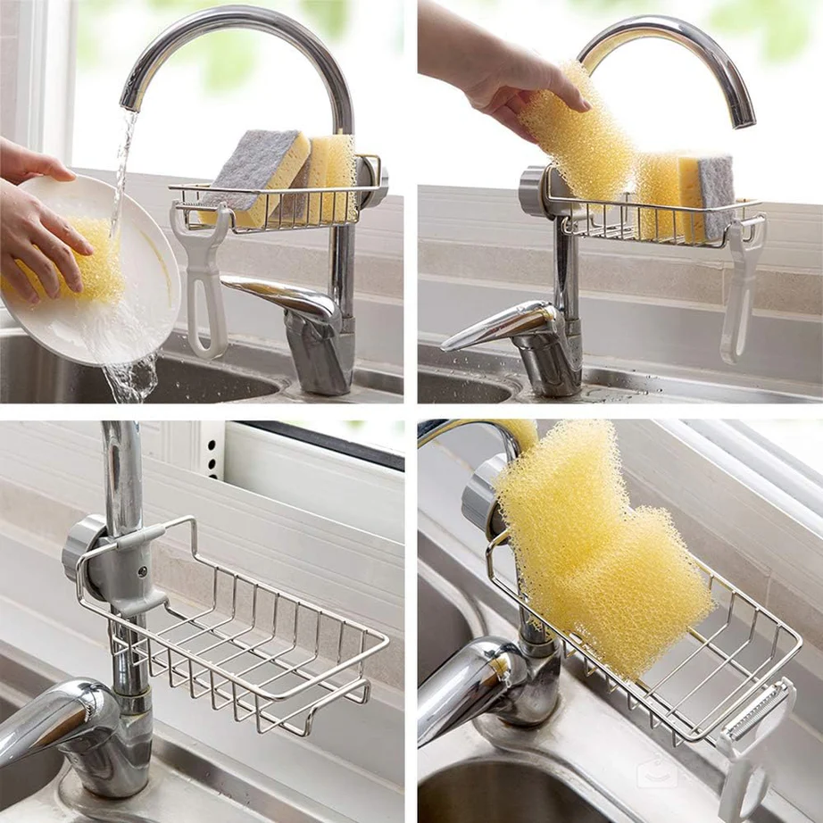 Stainless Steel Kitchen Sponge Holder Soap Dishwashing Liquid Drainer Rack Faucet Storage Rack Drain Basket For Bathroom Sink