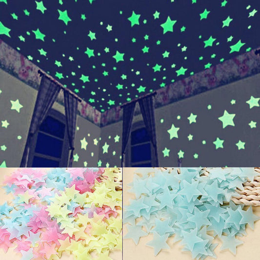 Pack of 100 - 3D Stars Glow In The Dark Wall Stickers Luminous Fluorescent Wall Stickers For Kids Baby Room Bedroom Ceiling Home